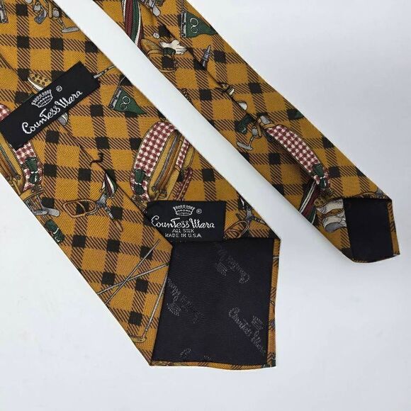 COUNTESS MARA SILK TIE GOLD BLACK GREEN PLAID GOLF THEME 3.75" X 56" - Picture 2 of 2